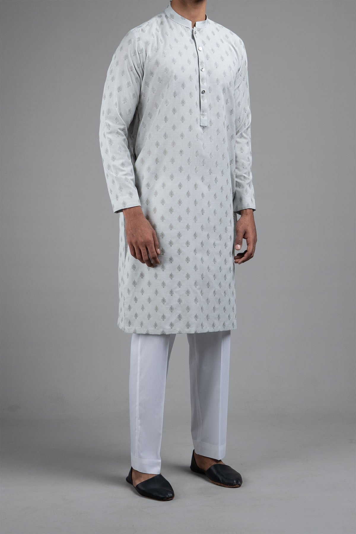 Grey Embroidered Egyptian Cotton Kurta (2-Piece) - Image 3