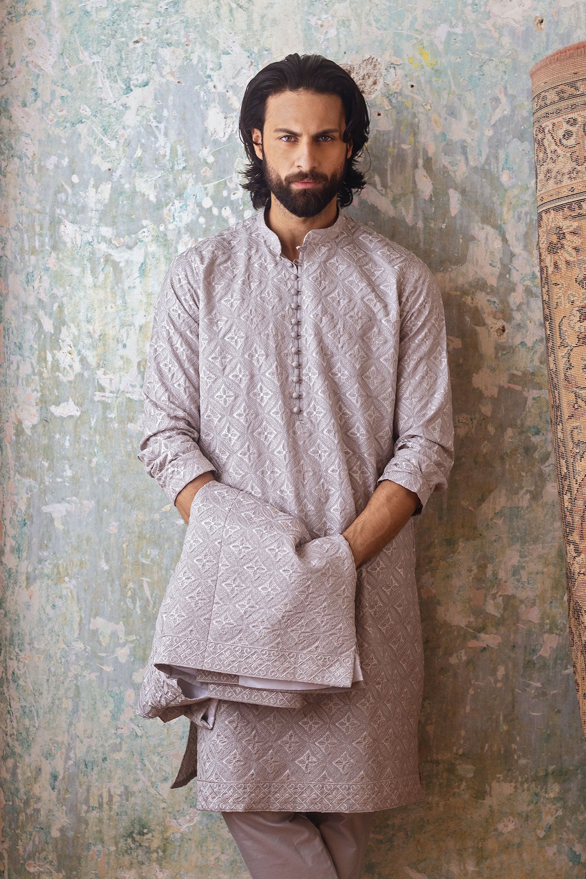 Grey Embroidered Masoori Kurta Pajama Set (3-Piece) - Image 1