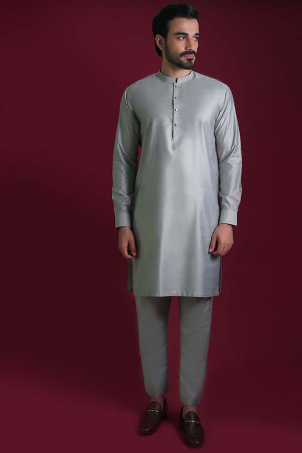 Ash Grey Cotton-Silk Kurta Pajama (2-Piece) - Image 1