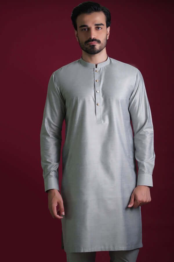 Ash Grey Cotton-Silk Kurta Pajama (2-Piece) - Image 2