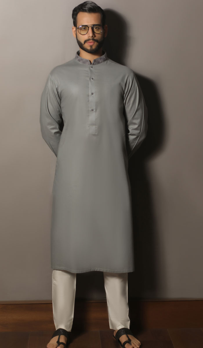 Lava Grey Handworked Cotton Kurta (2-Piece) - Image 1