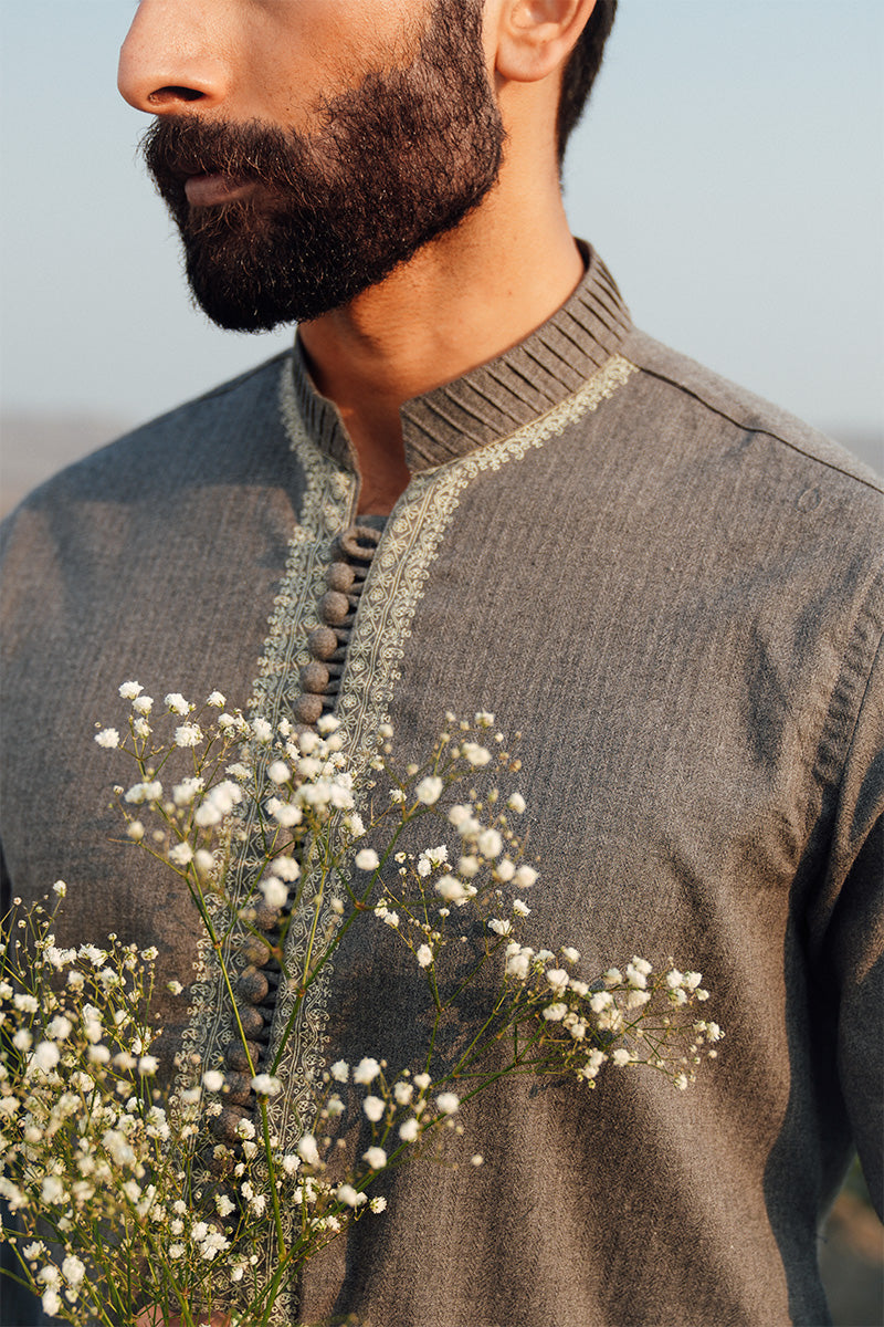 Grey Handworked Linen Kurta Pajama (2-Piece) - Image 1