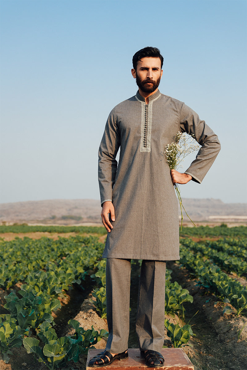 Grey Handworked Linen Kurta Pajama (2-Piece) - Image 2