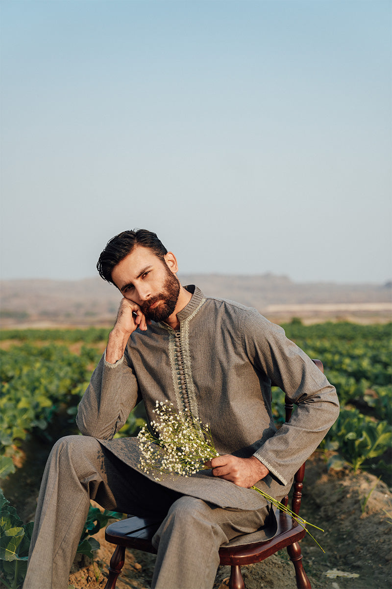 Grey Handworked Linen Kurta Pajama (2-Piece) - Image 3