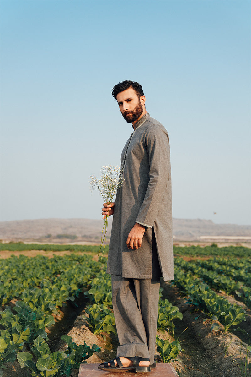 Grey Handworked Linen Kurta Pajama (2-Piece) - Image 4