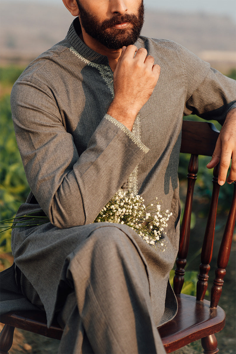 Grey Handworked Linen Kurta Pajama (2-Piece) - Image 5