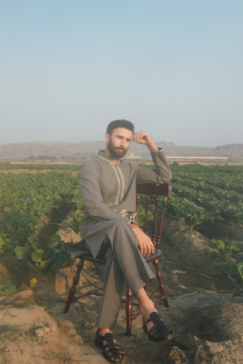 Grey Handworked Linen Kurta Pajama (2-Piece) - Image 7