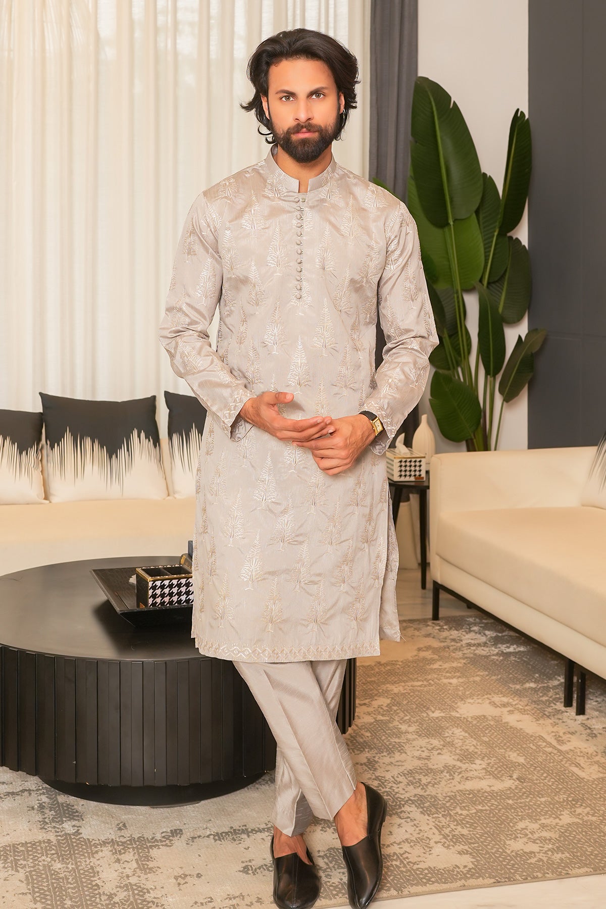 Light Grey Threadwork Masoori Kurta Pajama (2-Piece) - Image 1
