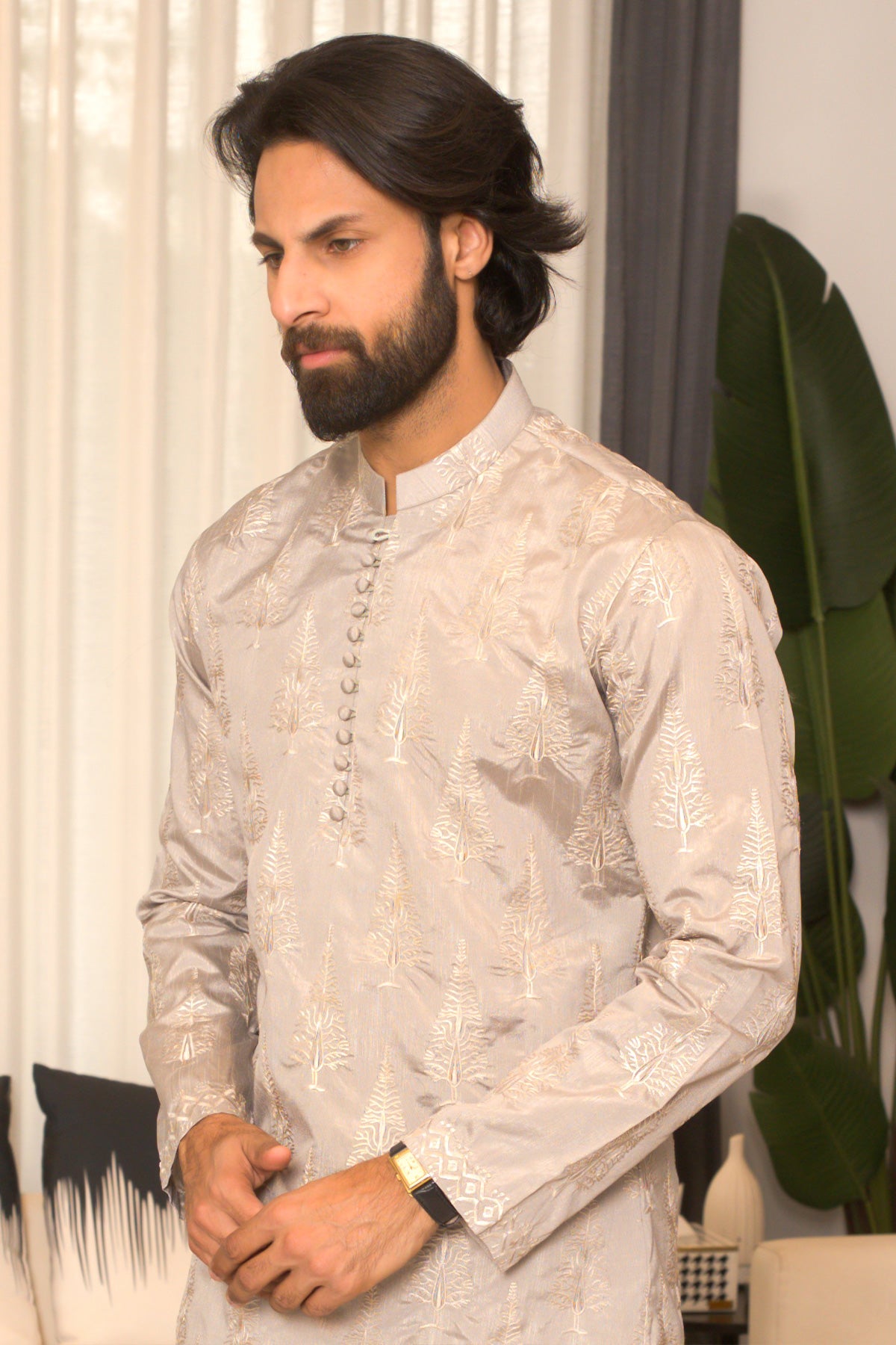 Light Grey Threadwork Masoori Kurta Pajama (2-Piece) - Image 2