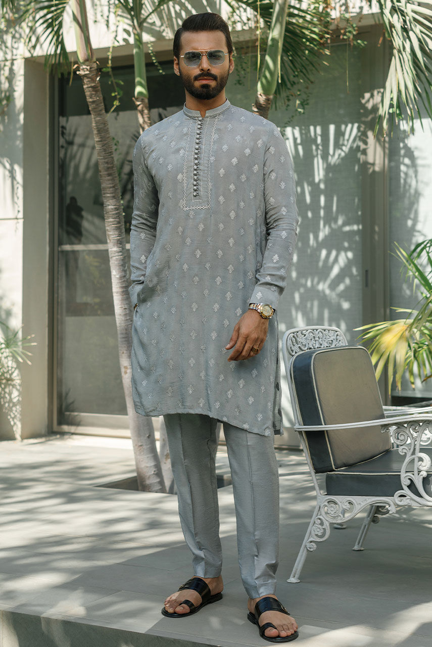 Grey Embroidered Raw Silk Kurta Pajama (2-Piece) - Image 1