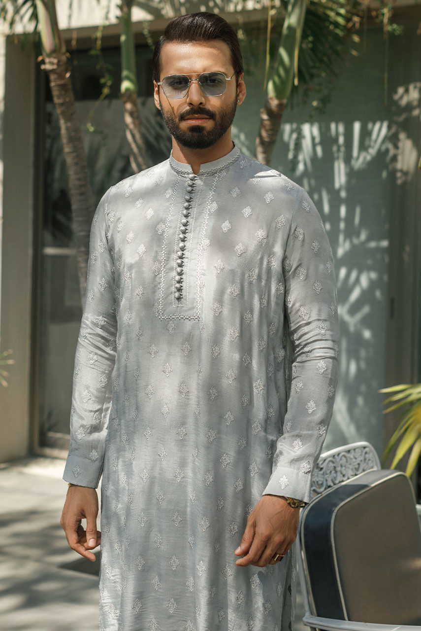 Grey Embroidered Raw Silk Kurta Pajama (2-Piece) - Image 2