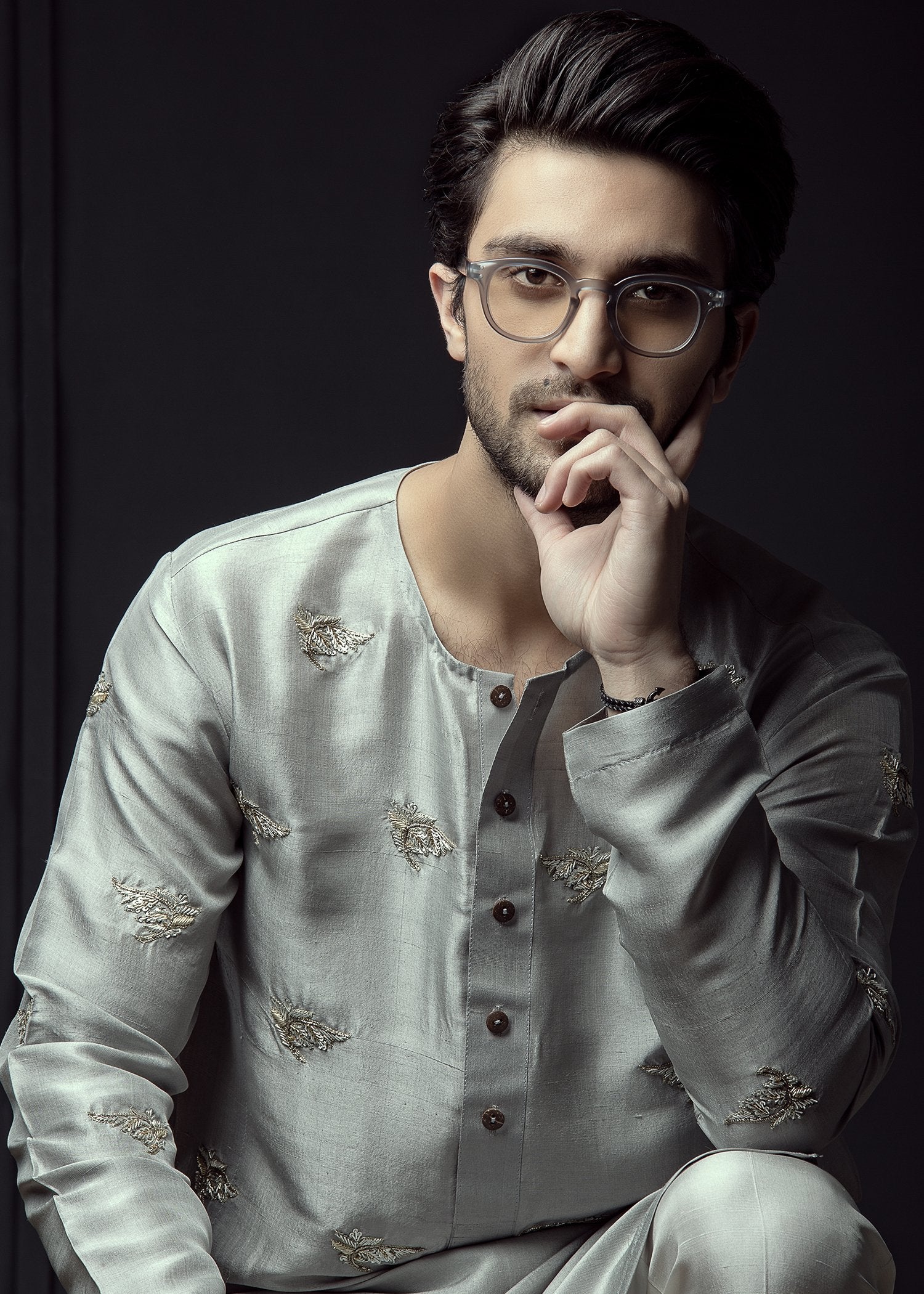 Steel Grey Hand-Embellished Korean Rawsilk Kurta (2-Piece) - Image 2