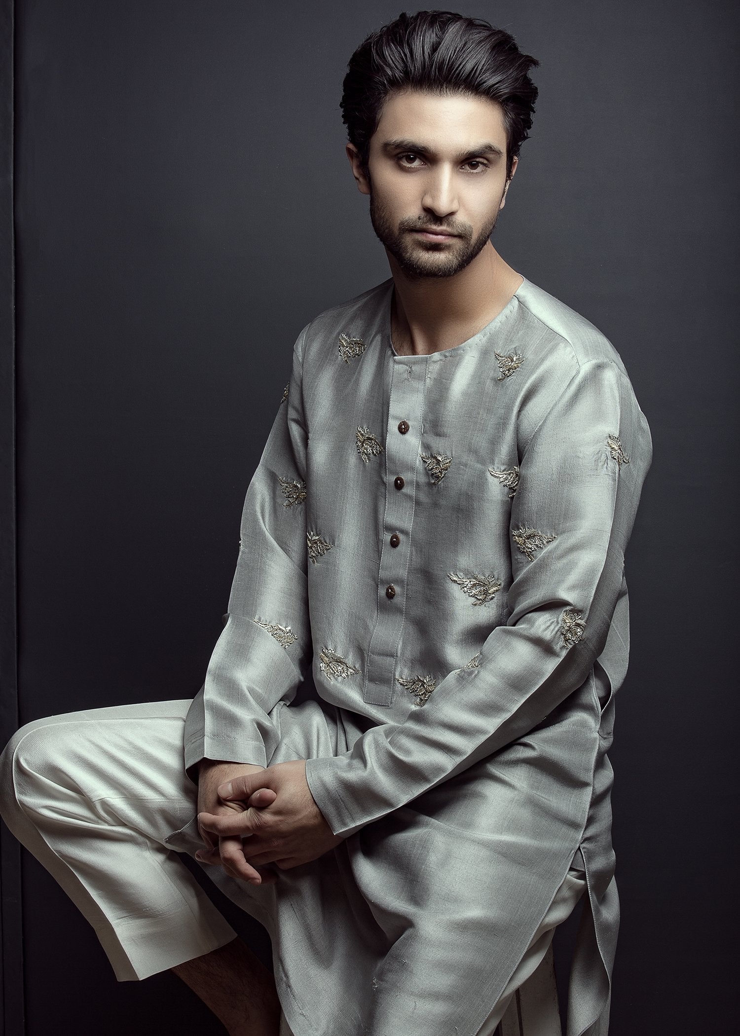 Steel Grey Hand-Embellished Korean Rawsilk Kurta (2-Piece) - Image 4