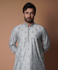 Ash Grey Embroidered Silk-Blend Kurta & Pyjama (2-Piece) - Image 2