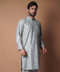 Ash Grey Embroidered Silk-Blend Kurta & Pyjama (2-Piece) - Image 3