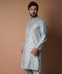 Ash Grey Embroidered Silk-Blend Kurta & Pyjama (2-Piece) - Image 5