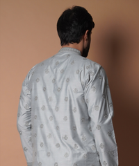 Ash Grey Embroidered Silk-Blend Kurta & Pyjama (2-Piece) - Image 6