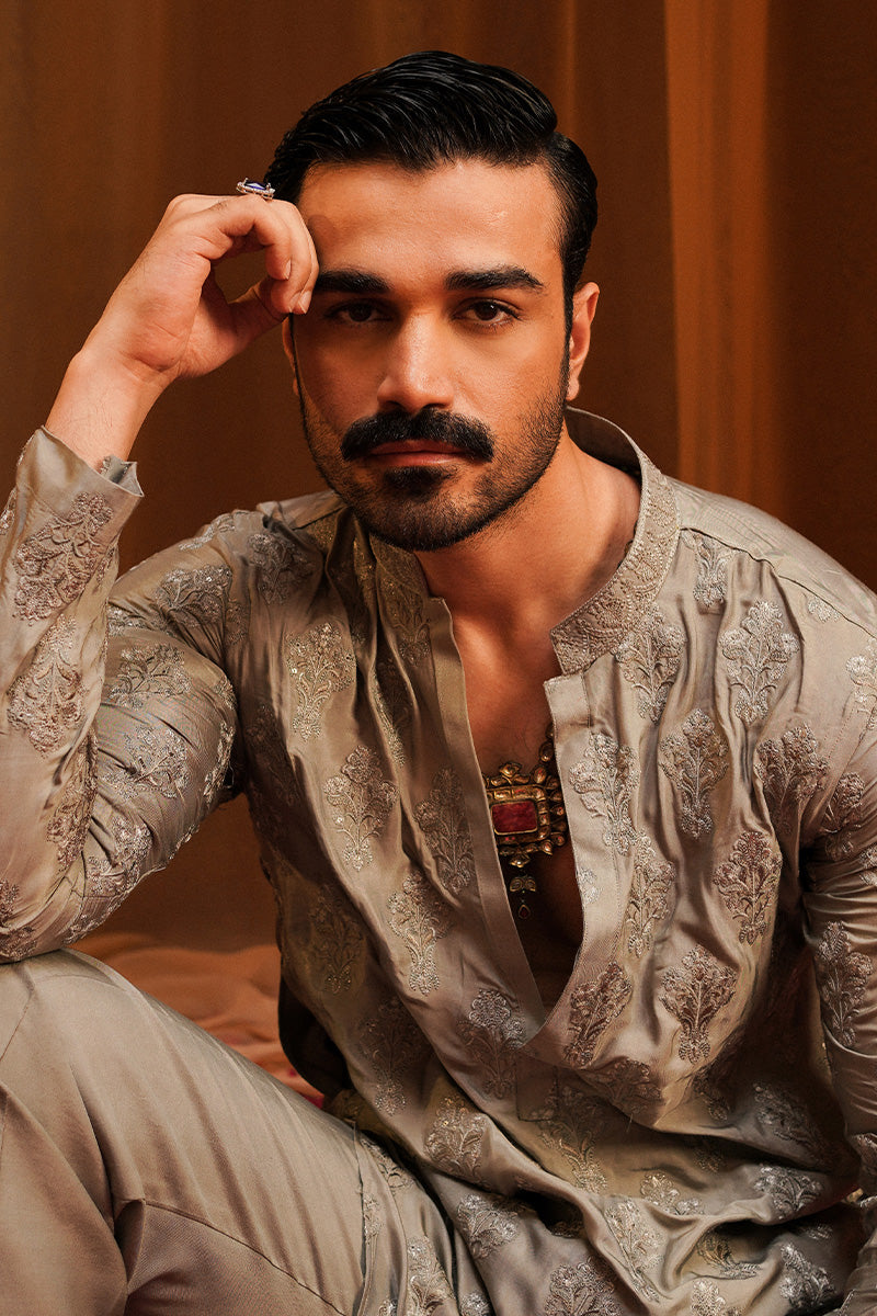 Grey Stone-Wash Embroidered Silk-Blend Kurta Pajama (2-Piece) - Image 1