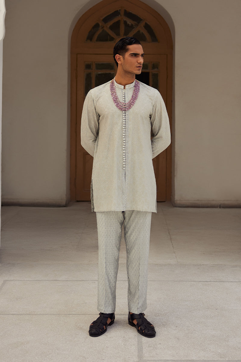 Ice Grey Embroidered Silk-Blend Kurta Pajama (2-Piece) - Image 1