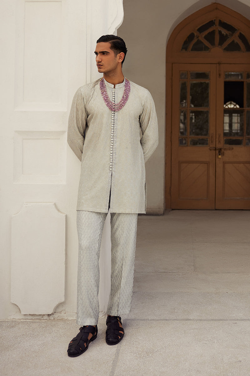 Ice Grey Embroidered Silk-Blend Kurta Pajama (2-Piece) - Image 2