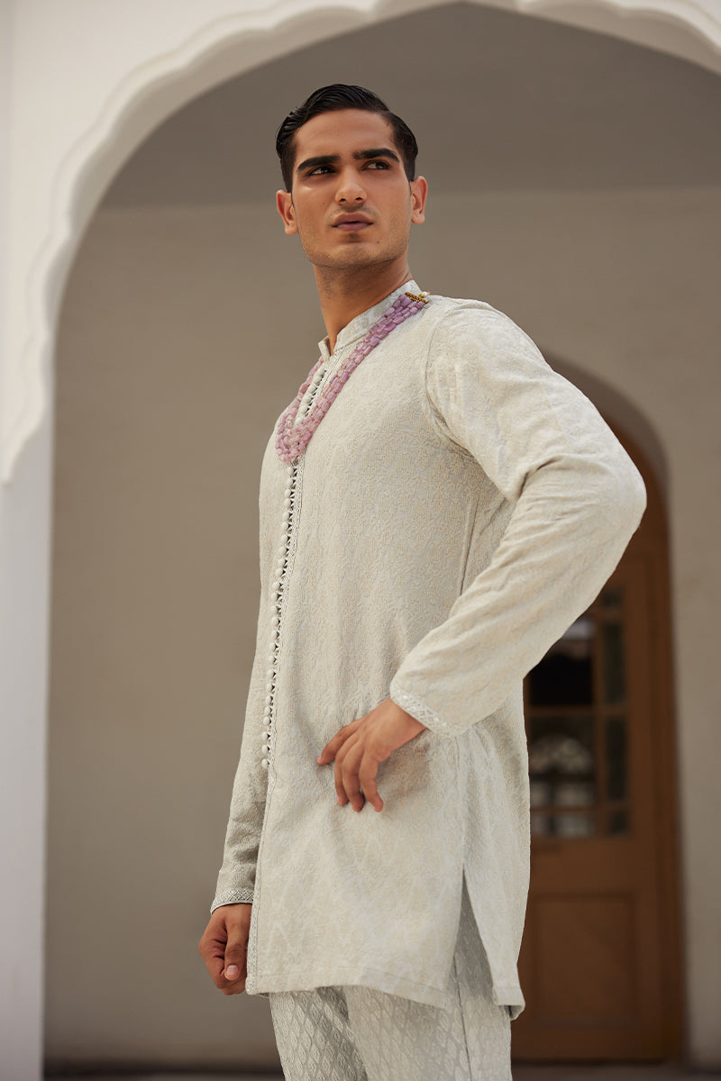 Ice Grey Embroidered Silk-Blend Kurta Pajama (2-Piece) - Image 3