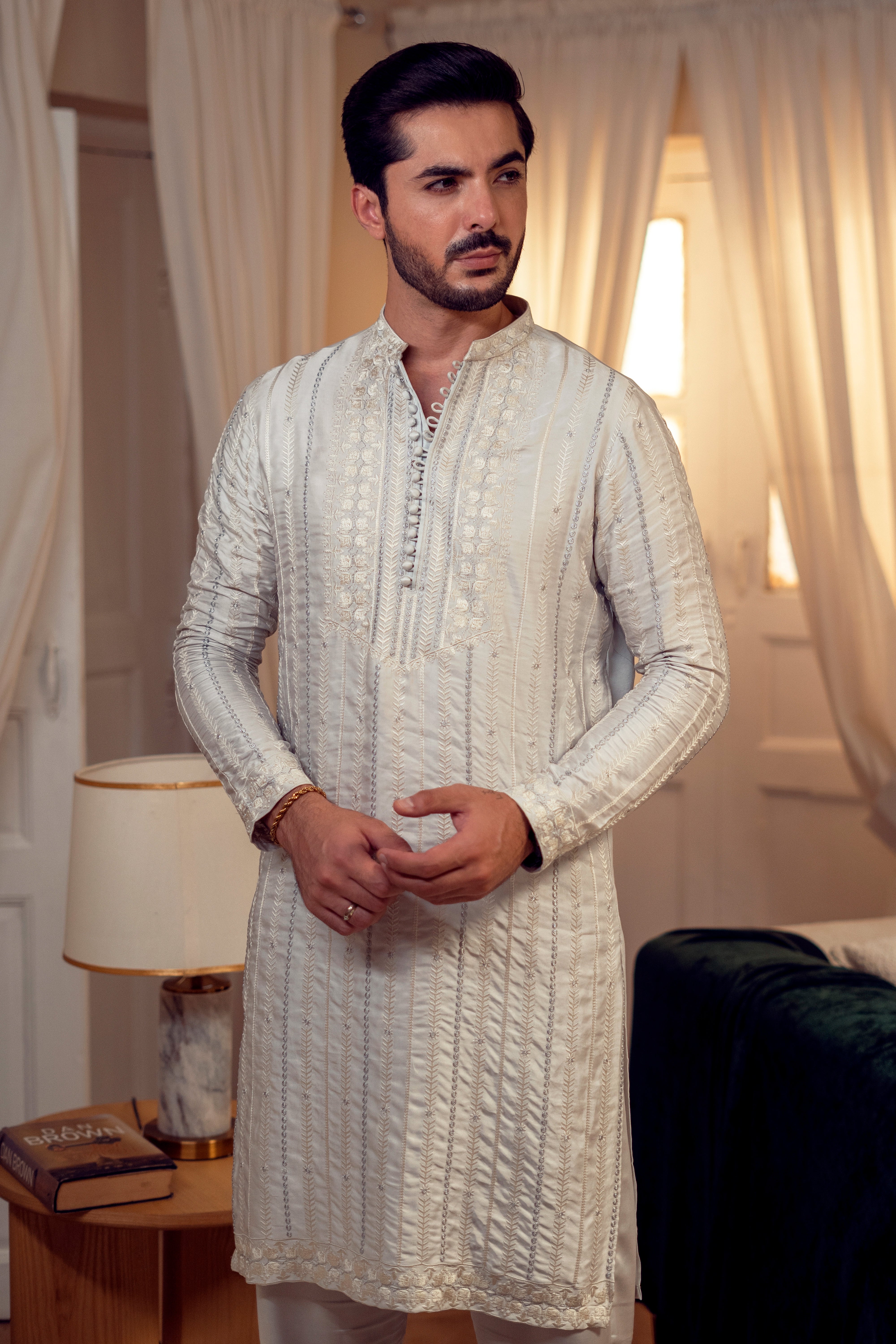 Light Grey Embroidered Pure Silk Kurta Trouser (2-Piece) - Image 1