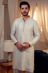 Light Grey Embroidered Pure Silk Kurta Trouser (2-Piece) - Image 3