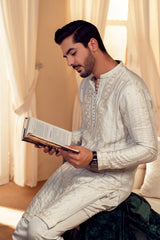Light Grey Embroidered Pure Silk Kurta Trouser (2-Piece) - Image 4