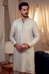 Light Grey Embroidered Pure Silk Kurta Trouser (2-Piece) - Image 5