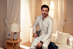 Light Grey Embroidered Pure Silk Kurta Trouser (2-Piece) - Image 7
