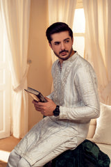 Light Grey Embroidered Pure Silk Kurta Trouser (2-Piece) - Image 8