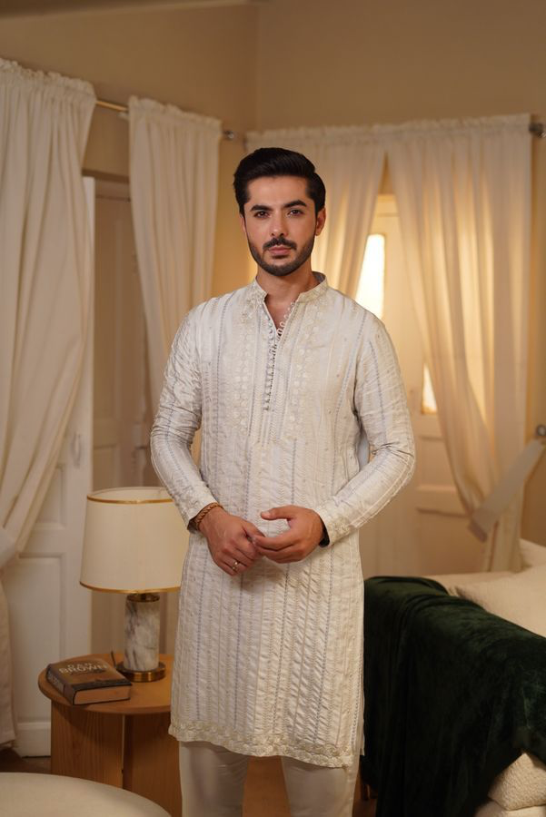 Light Grey Embroidered Pure Silk Kurta Trouser (2-Piece) - Image 1