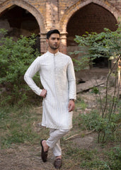 Light Grey Embroidered Pure Silk Kurta Trouser (2-Piece) - Image 2