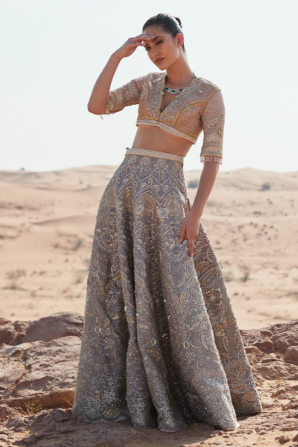 Pakistani Grey Pink Embroidered Net Brocade Lehenga Choli (2-Piece) - Image 1