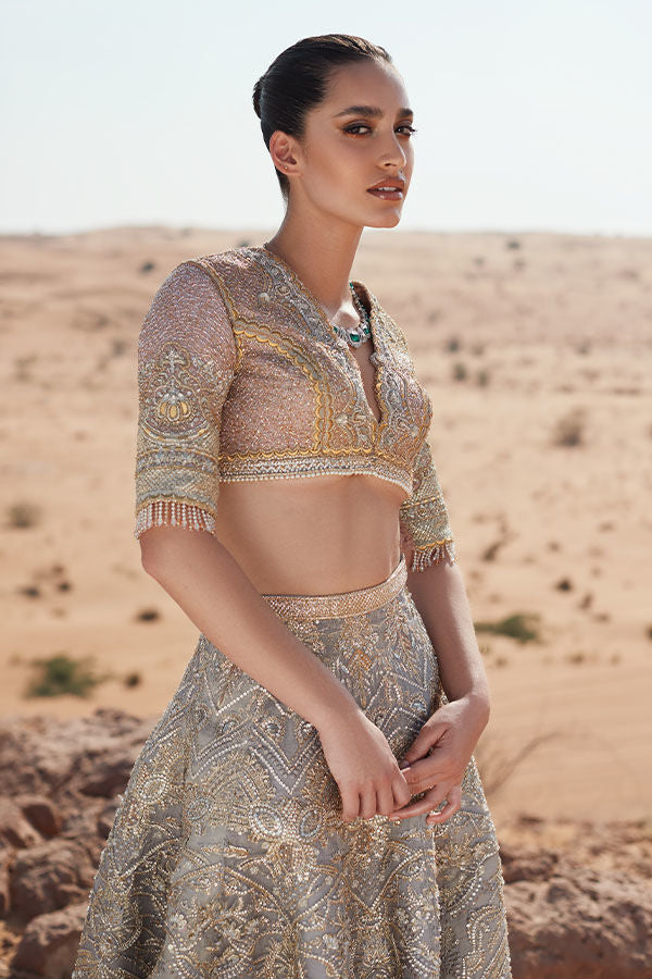 Pakistani Grey Pink Embroidered Net Brocade Lehenga Choli (2-Piece) - Image 2