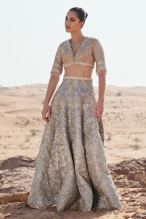 Pakistani Grey Pink Embroidered Net Brocade Lehenga Choli (2-Piece) - Image 3