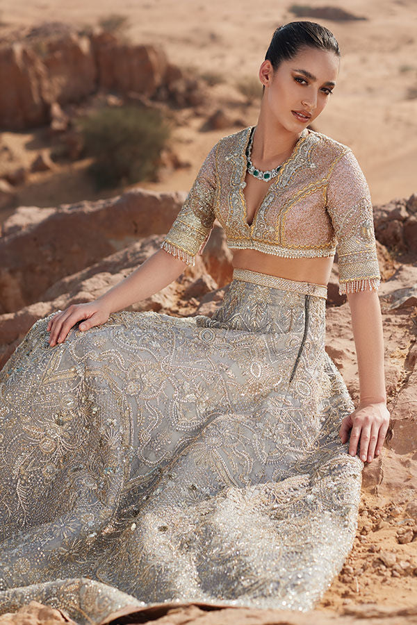 Pakistani Grey Pink Embroidered Net Brocade Lehenga Choli (2-Piece) - Image 4