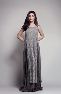 Silver Grey Hand-Embroidered Chiffon Tunic with Lehenga (2-Piece) - Image 1