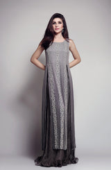 Silver Grey Hand-Embroidered Chiffon Tunic with Lehenga (2-Piece) - Image 4