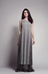 Silver Grey Hand-Embroidered Chiffon Tunic with Lehenga (2-Piece) - Image 5