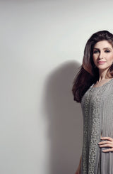 Silver Grey Hand-Embroidered Chiffon Tunic with Lehenga (2-Piece) - Image 6