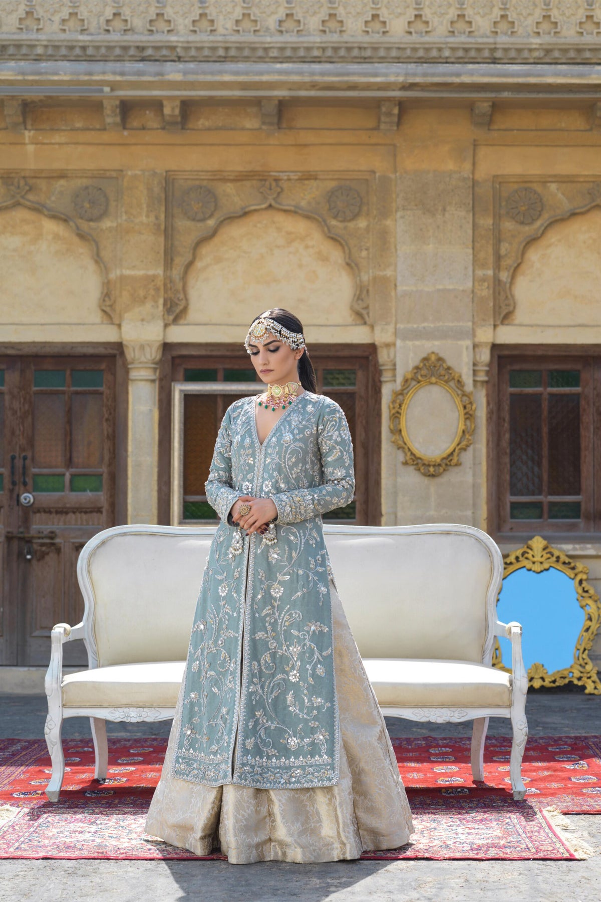 Pakistani Porcelain Grey Zardozi Karandi Coat with Brocade Lehenga (2-Piece) - Image 1