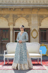Pakistani Porcelain Grey Zardozi Karandi Coat with Brocade Lehenga (2-Piece) - Image 2