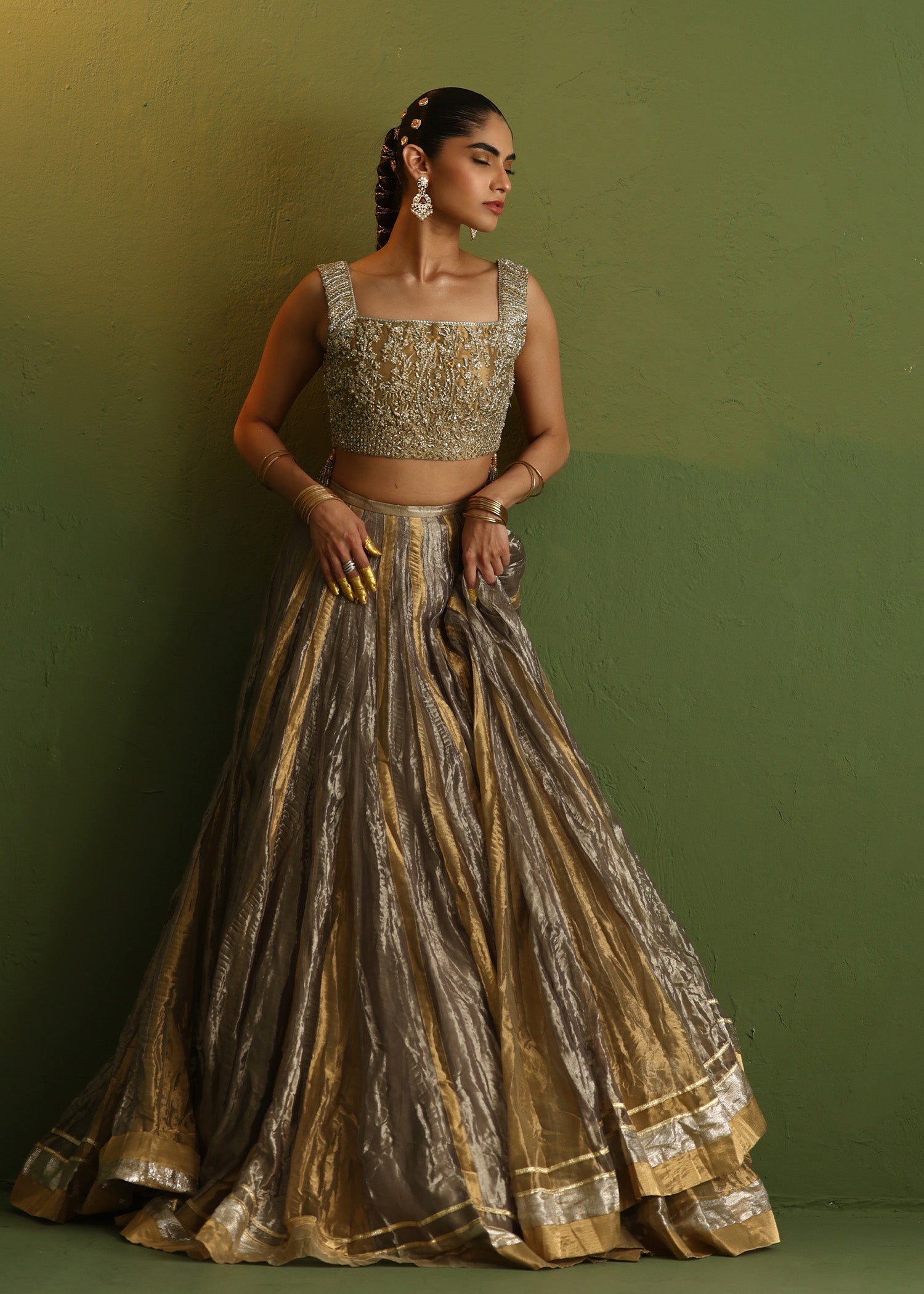 Pakistani Charcoal Grey Embellished Lama Lehenga (3-Piece) - Image 1