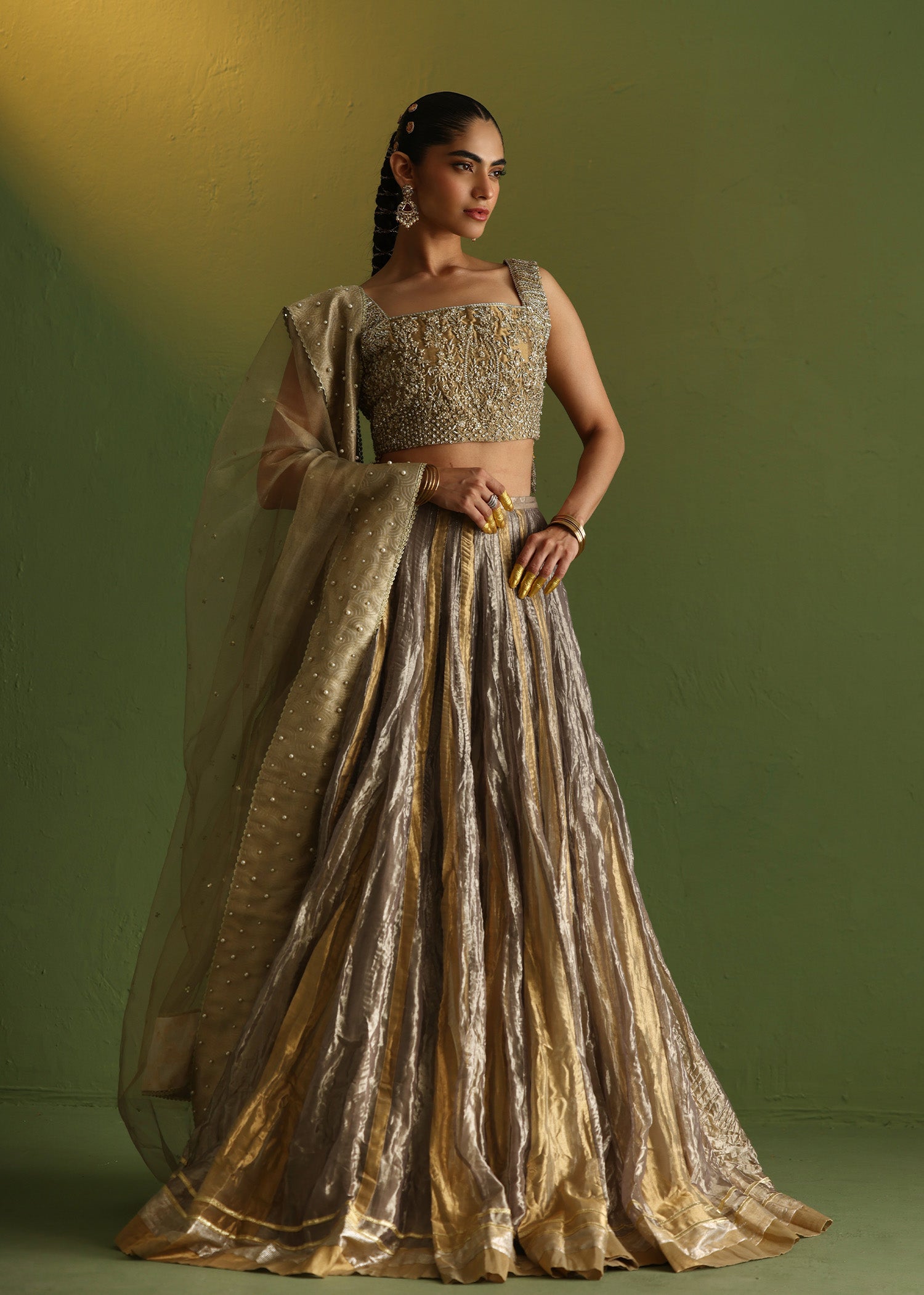 Pakistani Charcoal Grey Embellished Lama Lehenga (3-Piece) - Image 14