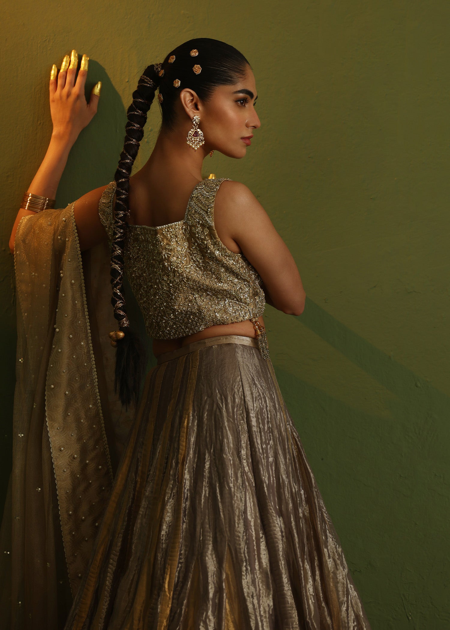 Pakistani Charcoal Grey Embellished Lama Lehenga (3-Piece) - Image 2