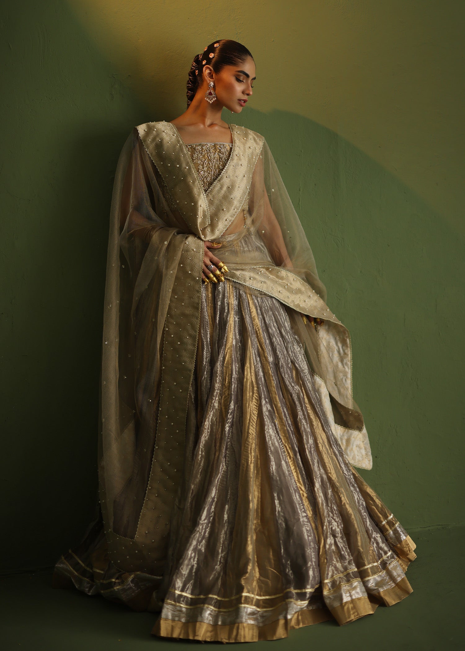 Pakistani Charcoal Grey Embellished Lama Lehenga (3-Piece) - Image 3