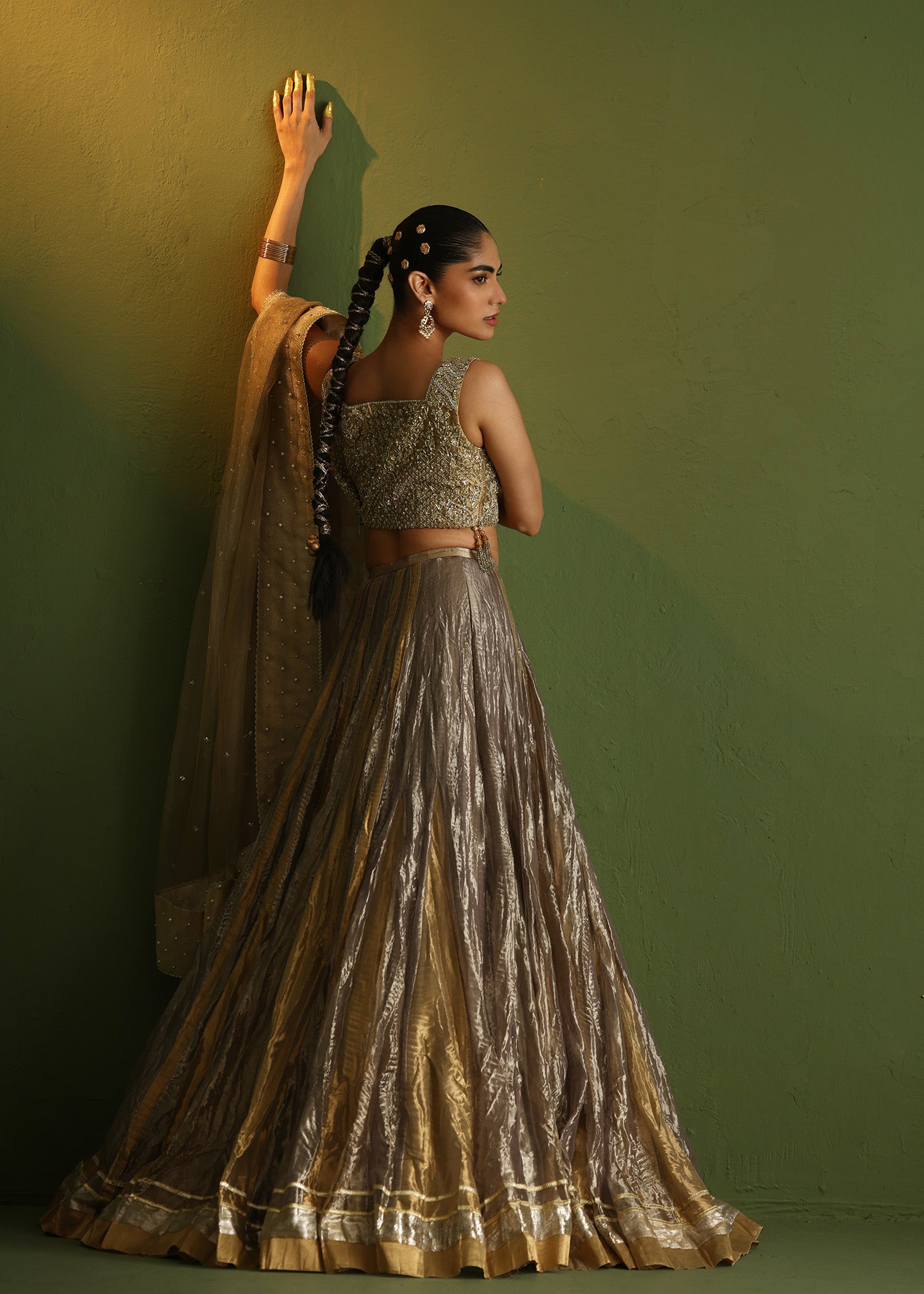 Pakistani Charcoal Grey Embellished Lama Lehenga (3-Piece) - Image 4