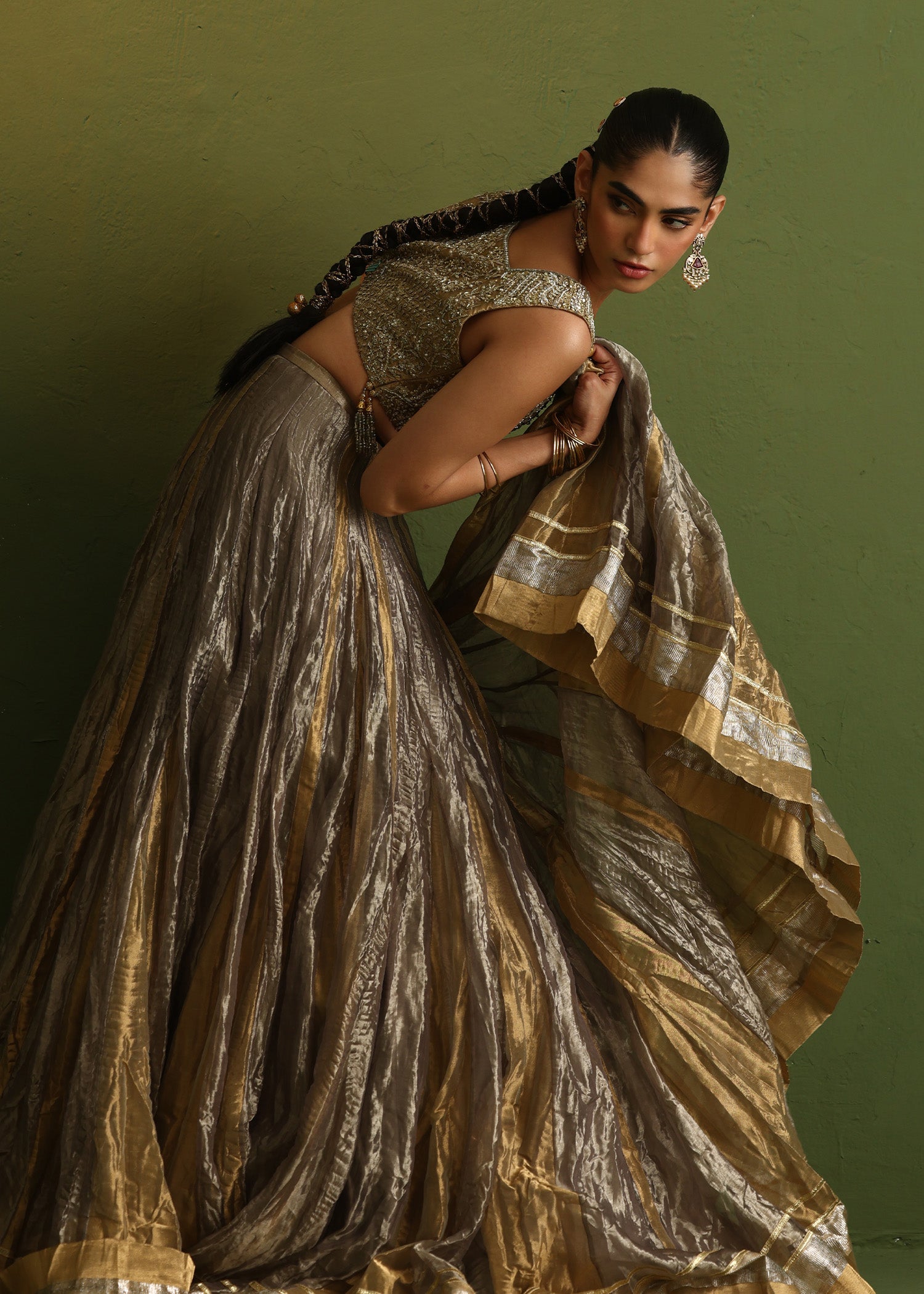 Pakistani Charcoal Grey Embellished Lama Lehenga (3-Piece) - Image 7