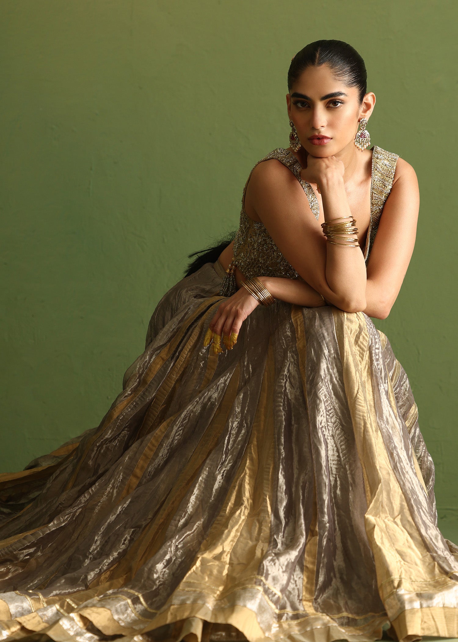 Pakistani Charcoal Grey Embellished Lama Lehenga (3-Piece) - Image 8